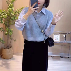 2025秋冬新款轻熟温柔风针织马甲叠穿两件套百搭衬衣女长袖A7274