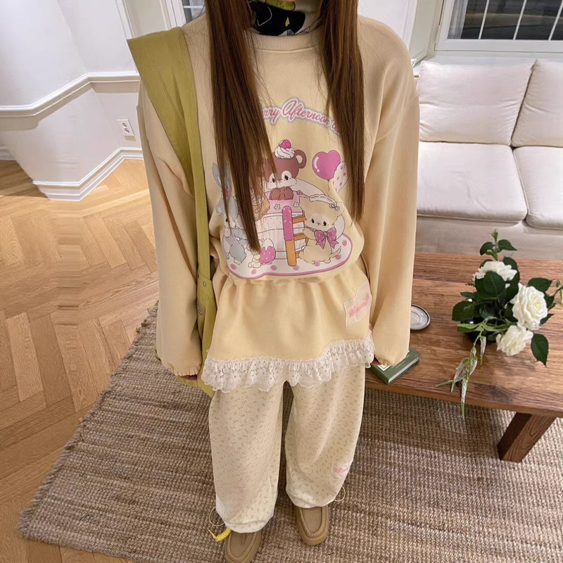 2026 Spring New Fashion Age-Reducing Cartoon Lace Drawstring Waist Sweatshirt for Women Korea Dongdaemun 2026 Spring New Fashion Age-Reducing Cartoon Lace Drawstring Waist Sweatshirt for Women Korea Dongdaemun