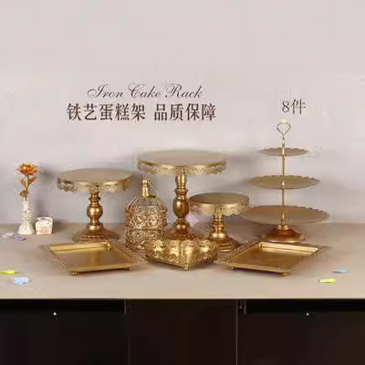 Decoración de mesa de postres de boda de oro, estante de pastel europeo, propósitos de boda, bandeja de pastel de encaje, estante de refrigerio de hierro forjado, 12 juegos