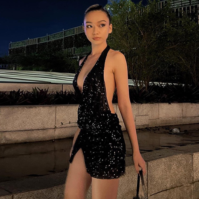 Women's Sequin Dress Streetwear V Neck Sequins Sleeveless Solid Color Above Knee Nightclub Bar display picture 16