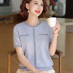 Mother's Summer Age-reducing Knitted T-shirt Crewneck Thin Small Shirt Middle-aged and Elderly Women's Summer Fashion Short-sleeved Top