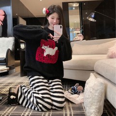 简约条纹睡衣女冬季软绵绵半边绒保暖可外穿珊瑚绒家居服秋冬套装