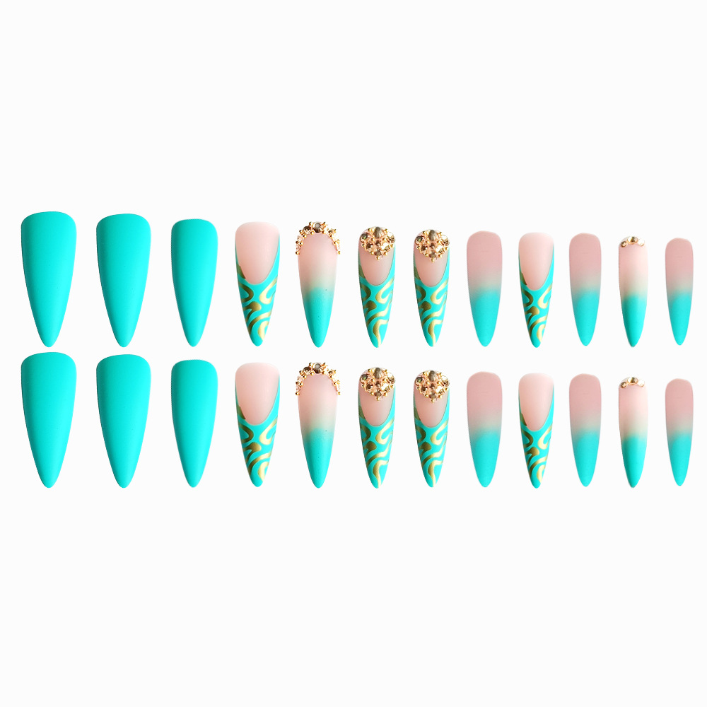 Ventas transfronterizas calientes de manicuras de almendras, uñas largas azules, oro, punto de perforación de uñas, 24 piezas de parche de uñas terminado