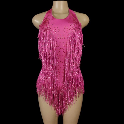 women gold pink blue jazz dance wear gogo dancers dance dress halter Neck Tassel Bright Diamond Sleeveless Hanging Neck jumpsuits Latin Dance Competition leotards