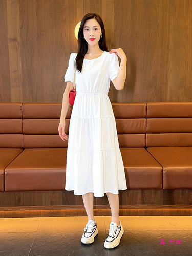 Summer Short-Sleeve Dress for Women, Medium-Long Length, 2025, Elegant, Slimming, Waist-Clinching, Fashionable, High-Waist Round Neck Dress