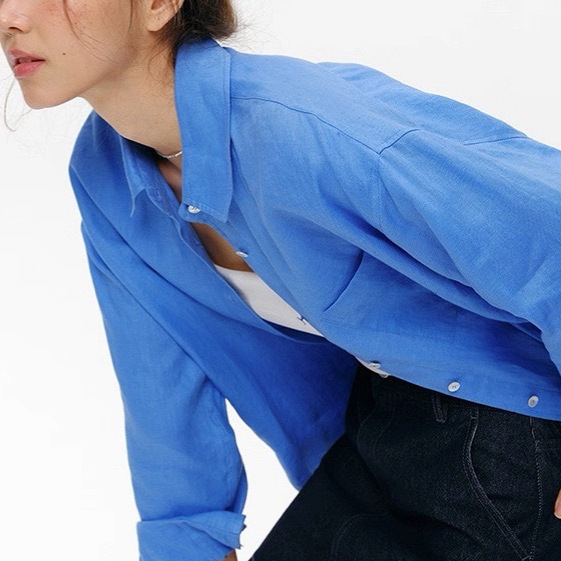 French-Style Simple and Relaxed Thin Linen Shirt for Women, New Spring Sun-Protective Shirt Top in White and Blue