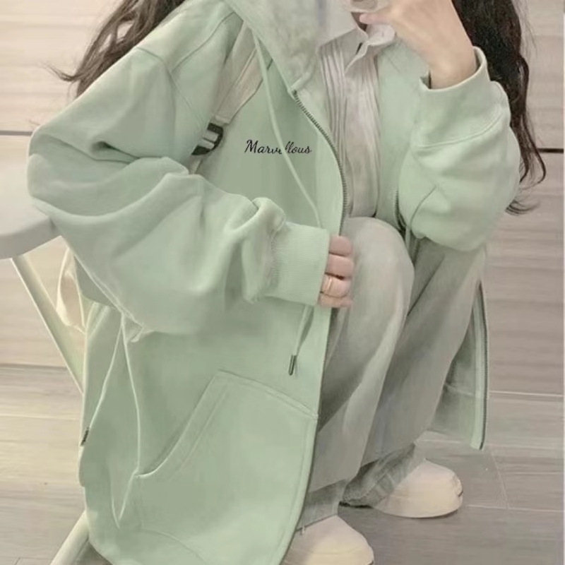 Imitation Cotton Composite Green Sports Outwear Sweatshirt Women's Spring and Autum Zipper Hooded Oversize New Cardigan Top