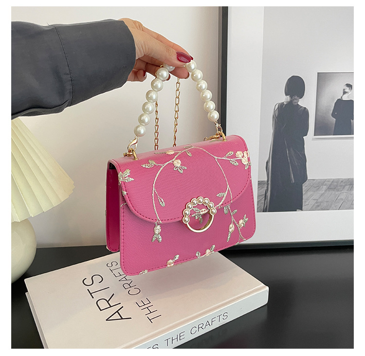 Bolso cuadrado de mano de perlas de moda simples bolso cuadrado de mujer 2024 nueva cadena de encaje de moda bolso cuadrado oblicuo de un hombro