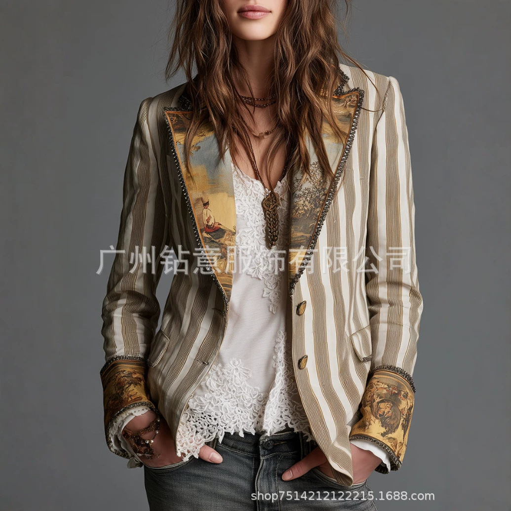 New cross-border foreign trade European and American women's fashion hot-selling lapel contrast stripe slim-fit lined women's blazer