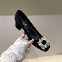 Black suede commuter high heels for women 2025 spring and autumn new square toe thick heels shallow saliva rhinestone professional French single shoes