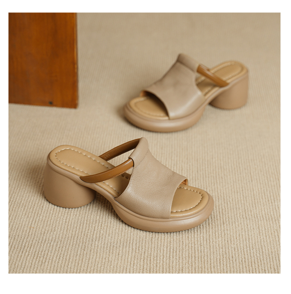 Sandal nữ hở mũi gót vuông đế dày da dê cao cấp — màu trắng ngà chi tiết 14