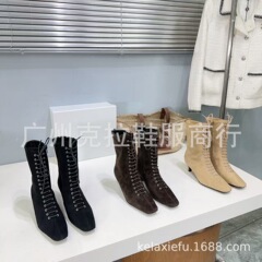 高版小众2025秋冬新款真皮小方头系带短靴侧拉链小猫跟时装靴女裸