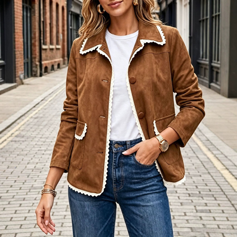 2026 European and American foreign trade Amazon autumn and winter suede lace jacket retro turn-down collar button pocket solid color 2026 European and American foreign trade Amazon autumn and winter suede lace jacket retro turn-down collar button pocket solid color