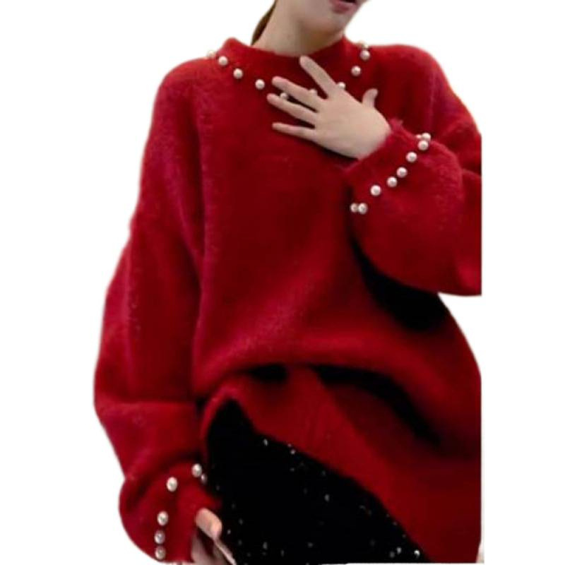 Suéter de cuello redondo suave de gran tamaño de invierno de otoño y invierno perezoso chaqueta suelta de color sólido camisa de punto de manga larga