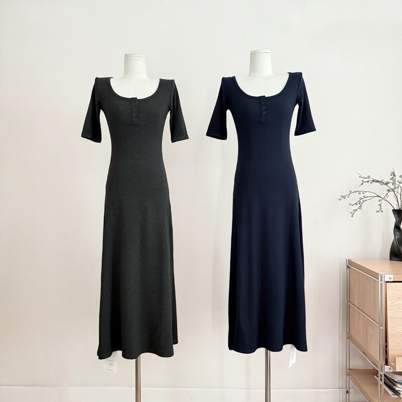 I Love Wearing Henry Collar T-Shirts with Mid-Sleeves and Waist-Cinching Summer Knit Elastic Waist-Cinching Dresses, 2026 New Long Dresses