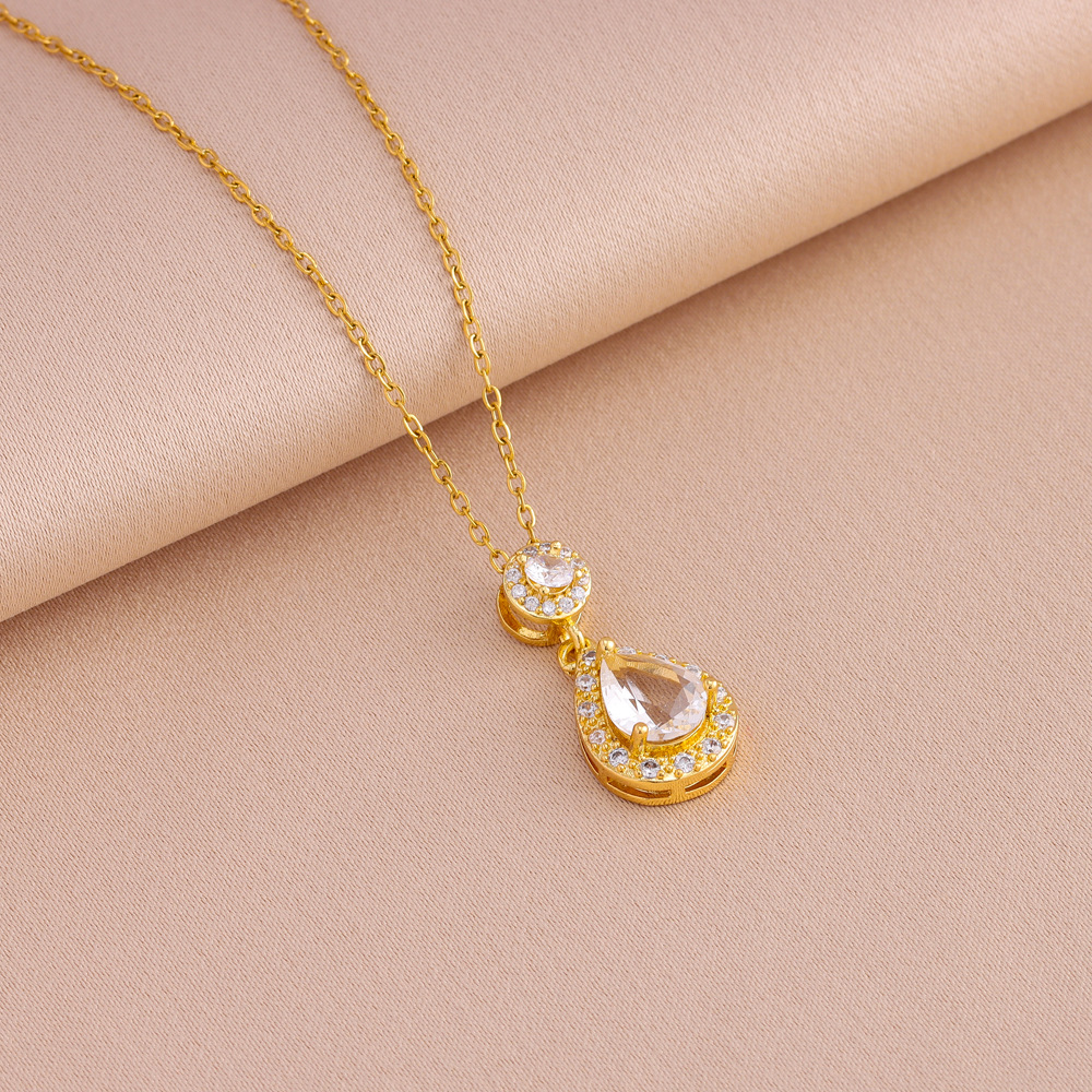 Collier pendentif goutte d'eau incrusté de zircons pour femmes, nouvelle mode rétro, collier en acier titane plaqué or K, chaîne de clavicule_voghion.com