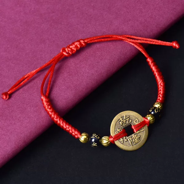 Pure Copper Six-Character Mantra for Men and Women, Copper Coin Hand-Woven Red Rope Bracelet, Five Emperors Coin Red Rope Bracelet