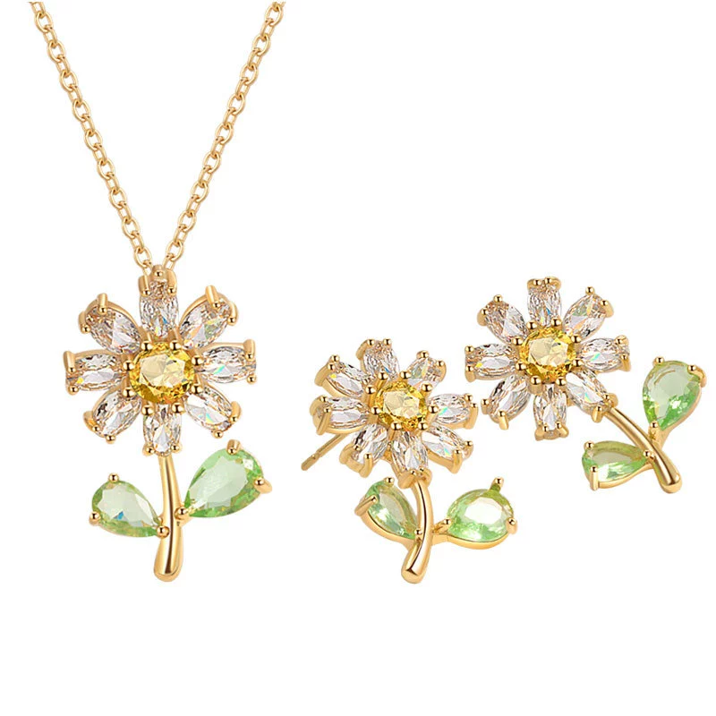 Earrings, necklace, small brand zirconium, set, diamond encrusted, flowered, light luxury style, internet celebrity