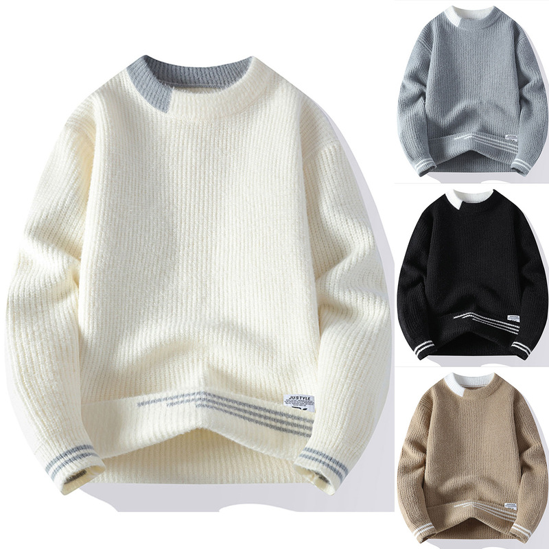 Round Neck Knitwear Men's Inner Layering Shirt Color Matching Jacquard Autumn and Winter Casual Versatile Trendy Foreign Trade Cross-Border Wholesale Round Neck Knitwear Men's Inner Layering Shirt Color Matching Jacquard Autumn and Winter Casual Versatile Trendy Foreign Trade Cross-Border Wholesale