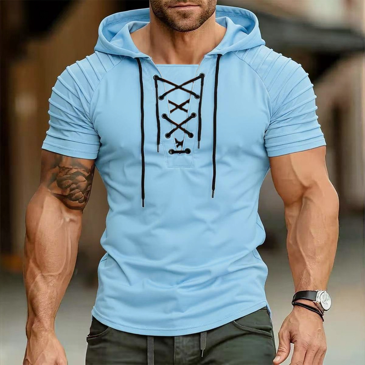Men's Hooded Polo Shirt With Drawstring And Pleated Sleeves_voghion.com