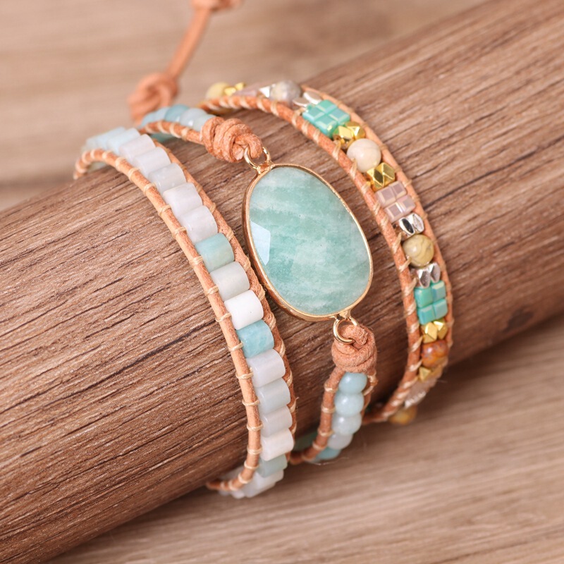 Woven Leather Women's Bracelet, Amazonite Multi-Layer Beaded Bracelet, Clearance Product Woven Leather Women's Bracelet, Amazonite Multi-Layer Beaded Bracelet, Clearance Product