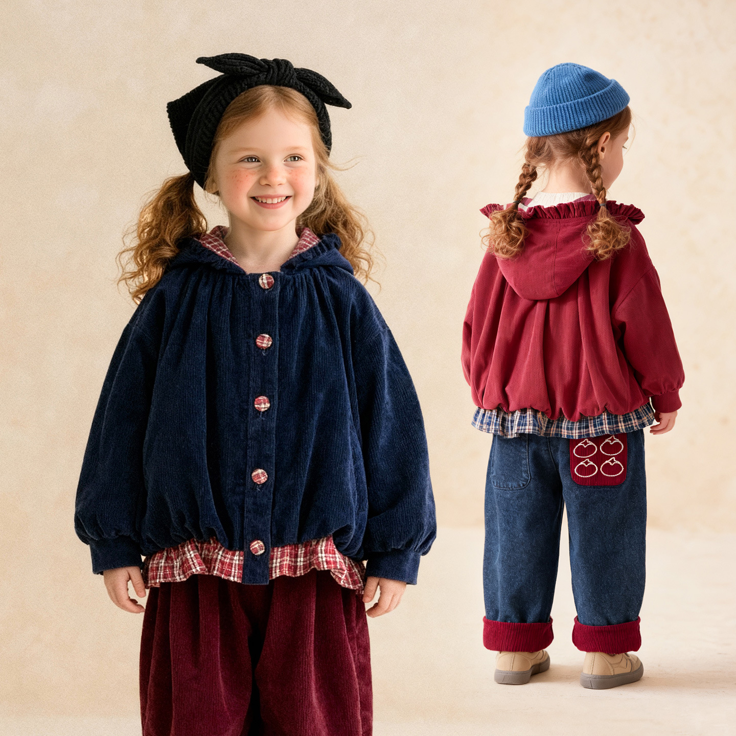 童贝童装2025冬季新款女童外套双层加厚加绒格子拼接保暖连帽外套