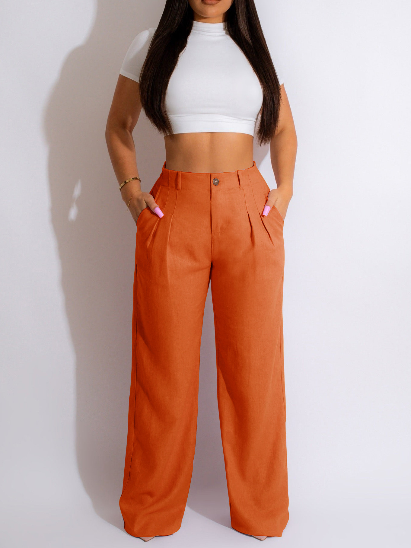 ​​Breathable Linen-Cotton Straight Leg Pants For Women – High-Waisted Summer Trousers, Lightweight & Office-Ready (Black/Mint/Blue/Orange/Red/Pink)​​_ecoleips.com