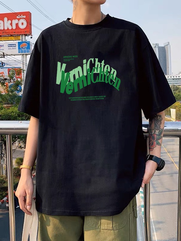 Hong Kong style letter Black Ice Silk couple's men's and women's same round neck short sleeve T-shirt men's fashionable all-match casual top clothes