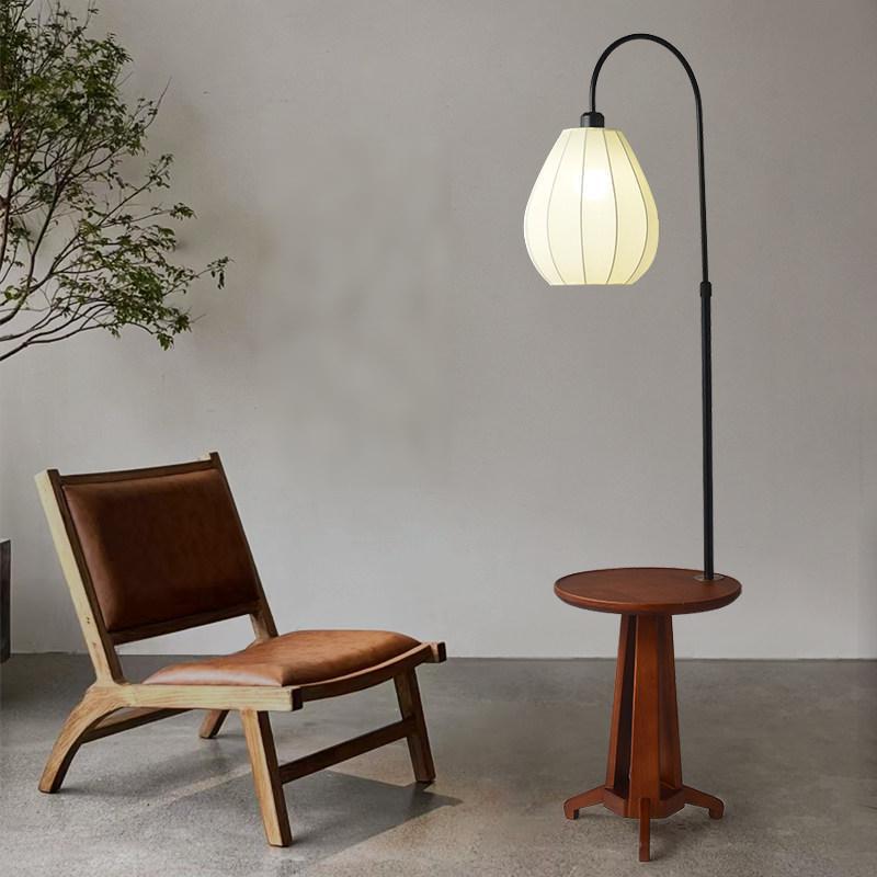 New Chinese-Style Floor Lamp with Integrated Table, Coffee Table, and Storage Rack for Living Room, Vintage Solid Wood Bedroom Ambiance, Mid-Century Fishing Lamp