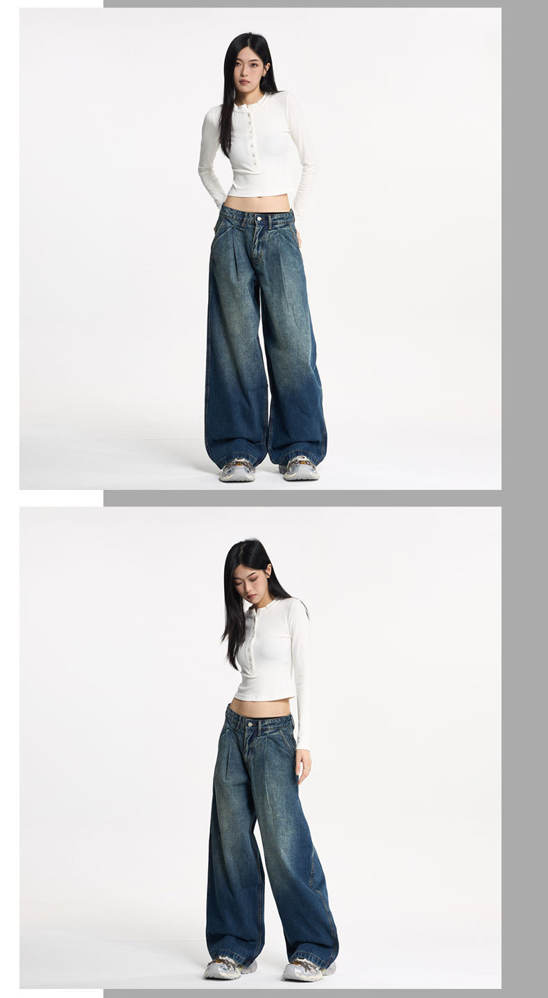 LKTM Vintage Washed Color-Fade Bamboo Jeans Wide Leg Trousers Retro American Style for Men And Women_viptrois.com