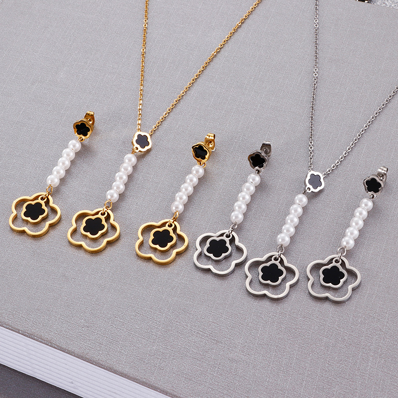 Fashion Flower Titanium Steel Inlay Artificial Pearls Earrings Necklace 1 Set