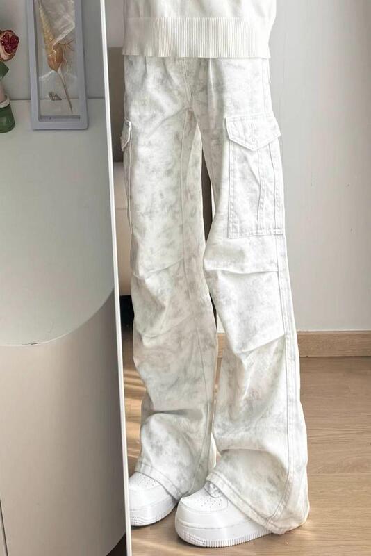 美式复古扎染褶皱工装裤女秋季小众设计感百搭潮流宽松阔腿拖地裤|undefined
