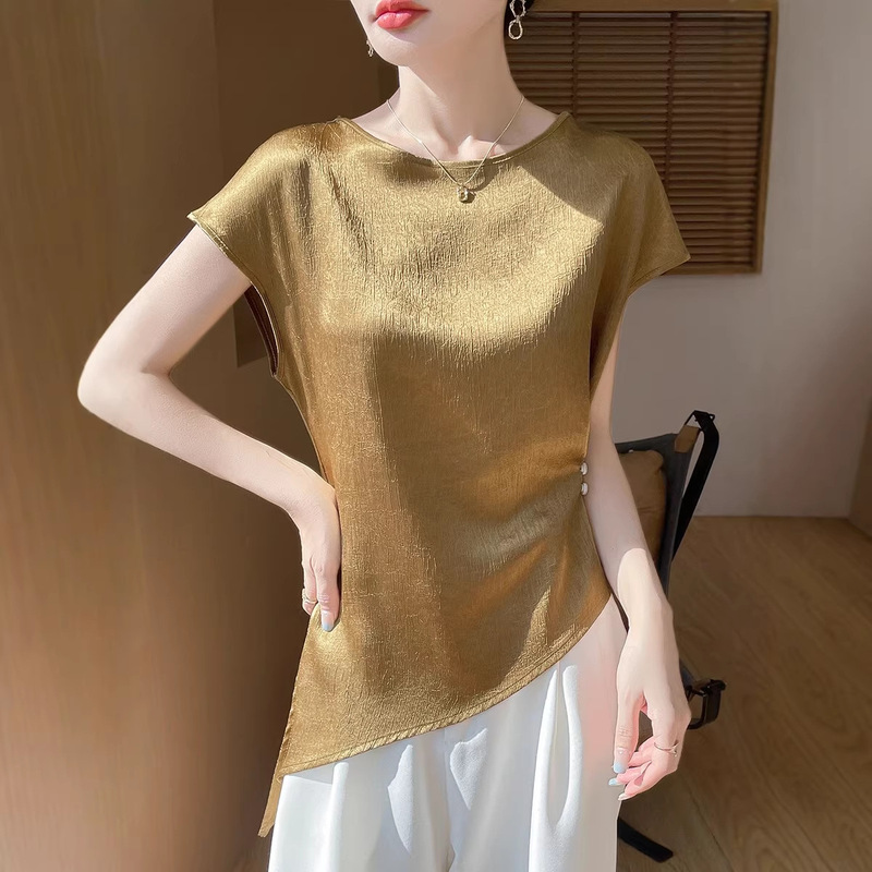 26 New Summer Style French Satin Short-Sleeved T-Shirt for Women with Round Neck, Asymmetrical Design, High-End Imitation Silk Top 26 New Summer Style French Satin Short-Sleeved T-Shirt for Women with Round Neck, Asymmetrical Design, High-End Imitation Silk Top