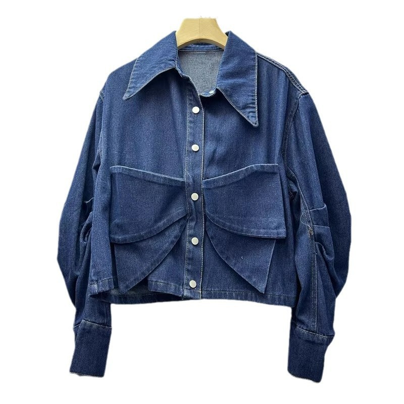 Camicia-giacca in denim a maniche lunghe, stile corto, con fiocco tridimensionale, per l'autunno, top di nicchia da donna._voghion.com