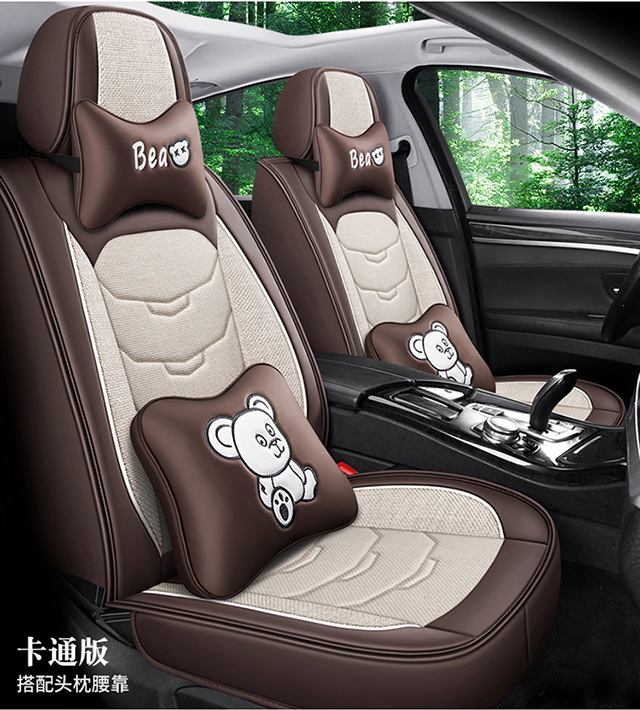 New Leather and Hemp Car Seat Cushion Foreign Trade Wholesale All-Inclusive Four-Season Universal Cartoon Car Seat Cover Linen Breathable Car Cushion