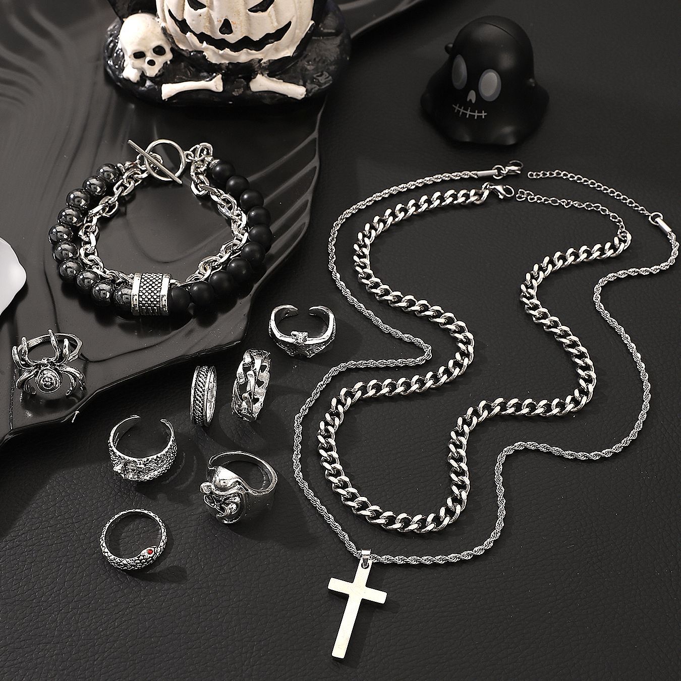 欧美跨境时尚男士首饰套装蜘蛛蝙蝠骷髅戒指串珠手链男不锈钢项链