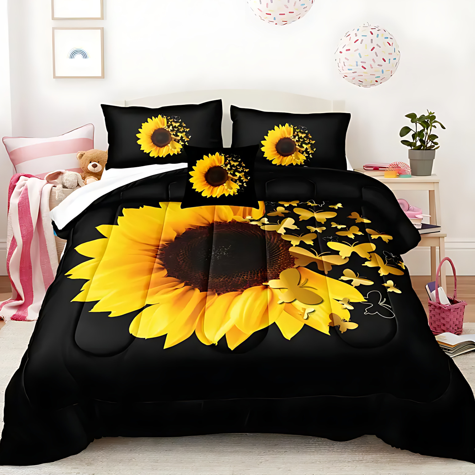 TEMU / JIT transfronterizo direccional girasol tema de impresión digital HD 180gms colcha colchón conjunto de almohada