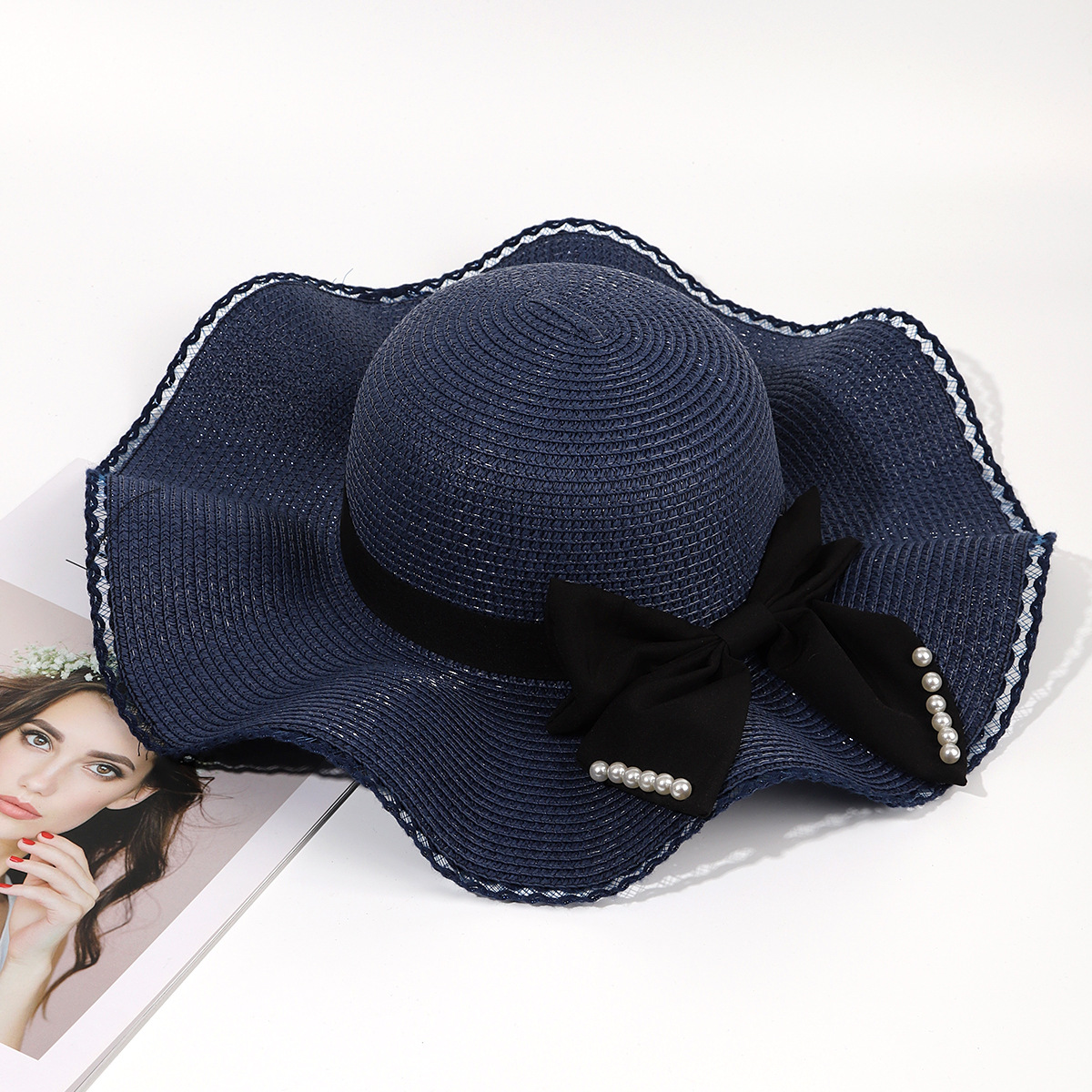 Sombrero de paja de viaje de verano flor sombrero de playa protección solar sombrero de sol ala grande paja tejida a mano arco sombrero de sol