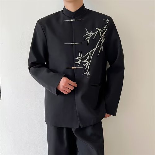 Modern Chinese Men's Wedding Guest Suit Leisure Suit Set with Chinese Style Stand-up Collar, Gold Bamboo Embroidery Zhongshan Suit and Suit for Men