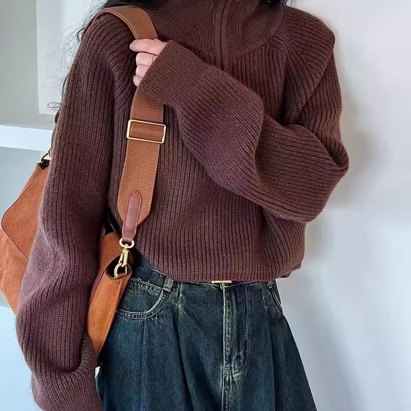 秋冬新款韩版宽松立领设计感半拉链短款拉链加厚短款针织衫毛衣女