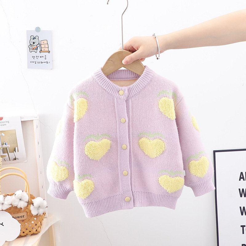 2024 frühjahr Neue Koreanische Herbst und Winter Mädchen Rundhals Pullover Strickjacke Große Pfirsich Cartoon Kinder Top_voghion.com