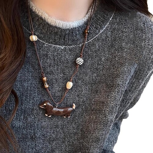 Cute Cartoon Ceramic Stone Plastic Dachshund Necklace for Women Autumn and Winter Cute Retro Sweater Chain Long Sweater Chain Accessories