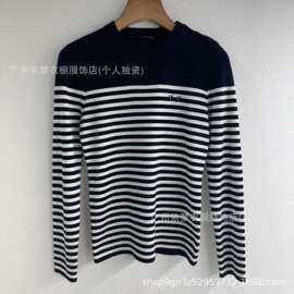 欧货高品质春秋冬季新款宽松显瘦左肩扣条纹圆领针织衫上衣