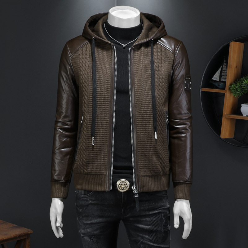 2026 Autumn/Winter Men's Knitted Patchwork Leather Hooded down Jacket Y8090