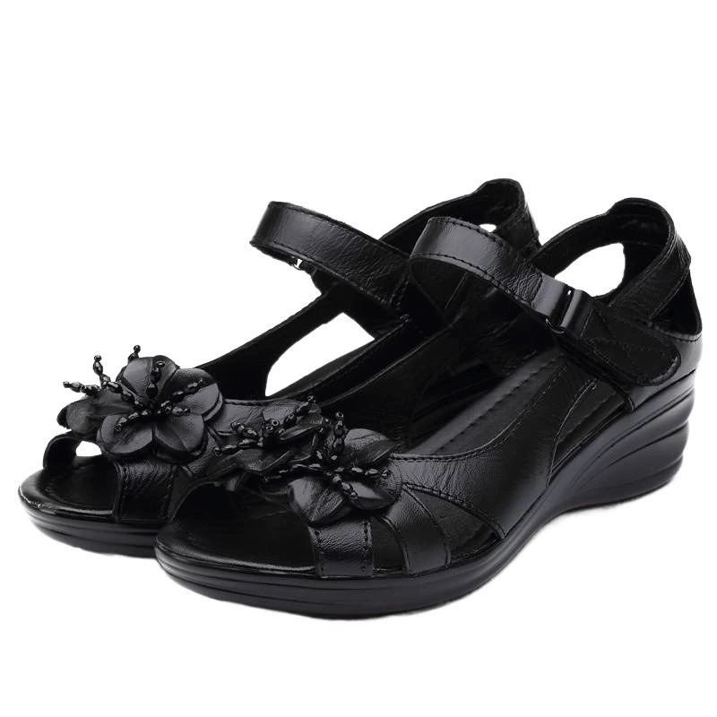 2021 летняя новая женская обувь из воловьей кожи на среднем каблуке, дышащая повседневная кожаная обувь с рыбьим носком, обувь для среднего и пожилого возраста, сандалии для мам для женщин