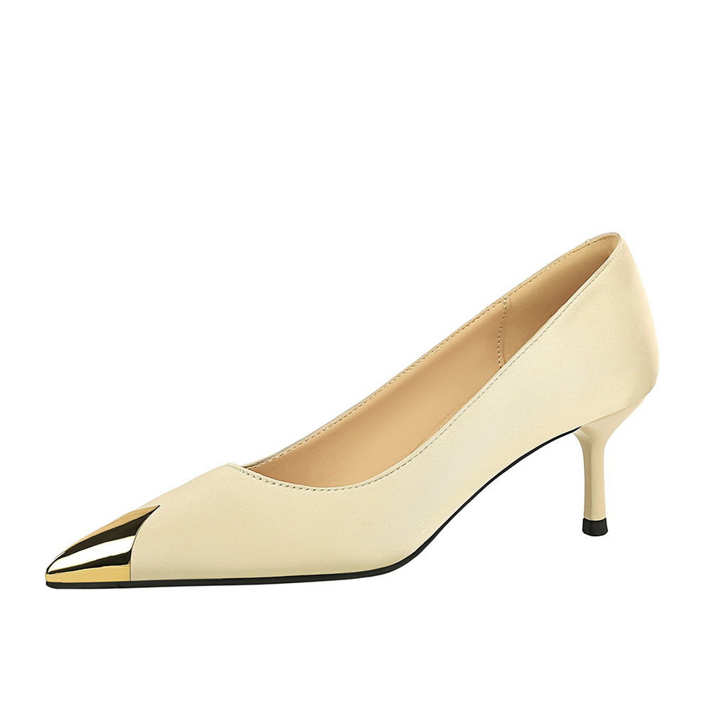 2627-A1 Fashion Banquet High Heels, Thin Heels, Shallow Mouth Silk, Metal Pointed Tips, Slim, Medium, Single order Shoes for Women