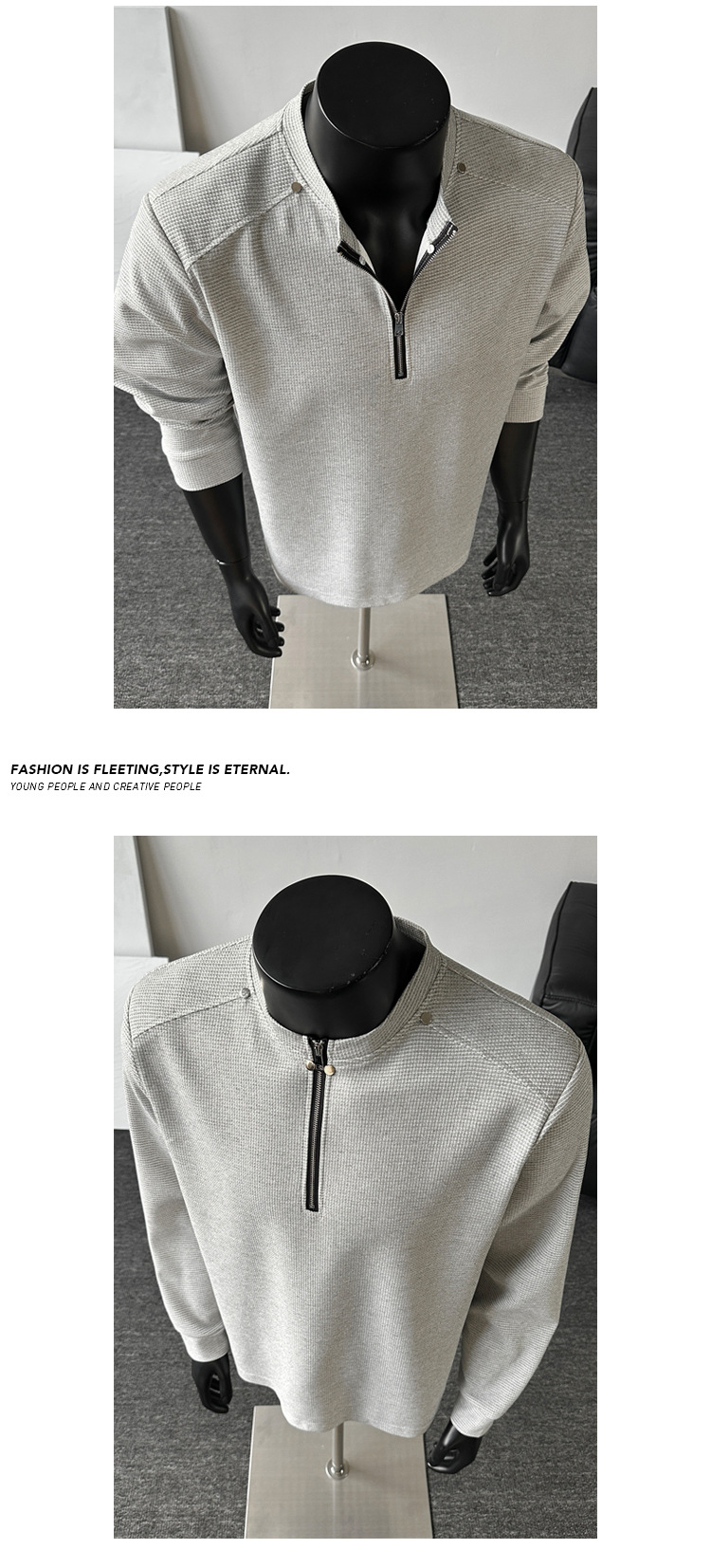 T-shirt a maniche lunghe uomo in maglia waffle con zip e patchwork_voghion.com