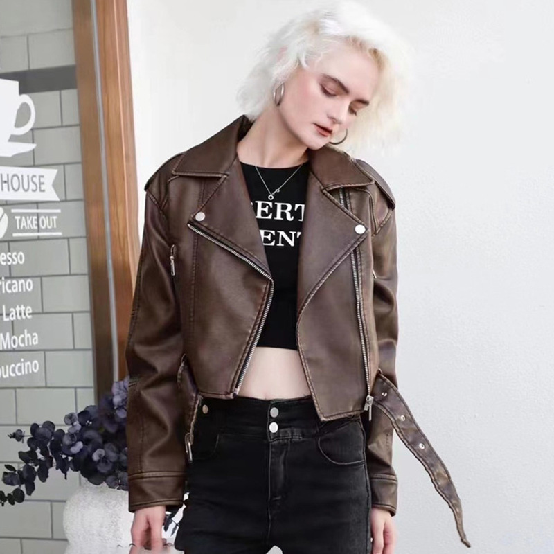 Hong Kong Style Retro Leather Jacket for Women, Short Style, 2025 Spring and Autumn New Casual Trendy Biker Pu Leather Jacket