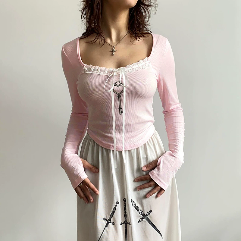 L063TP Европа и США Spice Girl 2024 осень новый сплошной цветной квадратный воротник с длинными рукавами и тонким бантом короткий топ