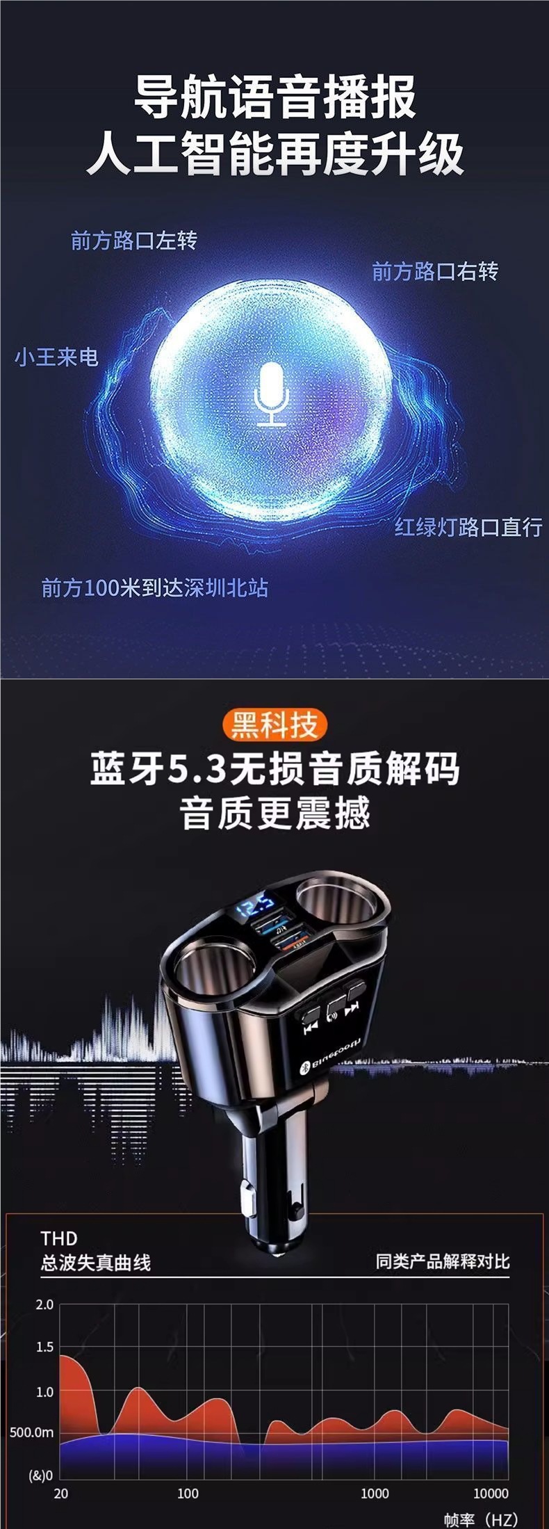 Car Charger One to Three with Mp3 Bluetooth Player Cigarette Lighter Conversion Plug USB Universal Fast Charging Car